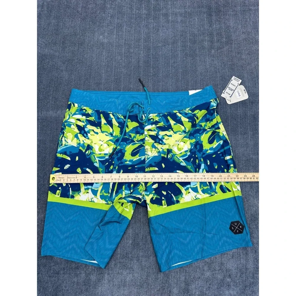 George Mens Blue Lime Green Tropical Monstera Board‎ Shorts Size 34 UPF 50+ New